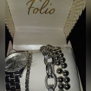 Folio women's silver tone watch and bracelet set